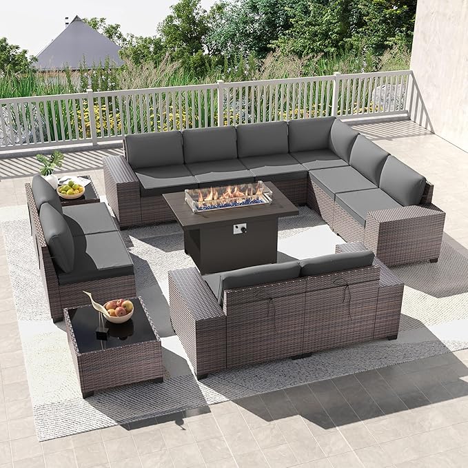 Kullavik 13 Pieces Outdoor Patio Furniture Set with 43" 55000BTU Gas Propane Fire Pit Table PE Wicker Rattan Sectional Sofa Patio Conversation Sets,Grey