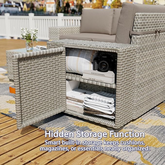 Broivira 7 Piece Patio Furniture Set with 50,000 BTU Rattan Fire Pit Table That Converts to Coffee Table, 9.8" Wide Arm Sectional Sofa with Storage Armrests, Outdoor Rattan Conversation Set, Khaki