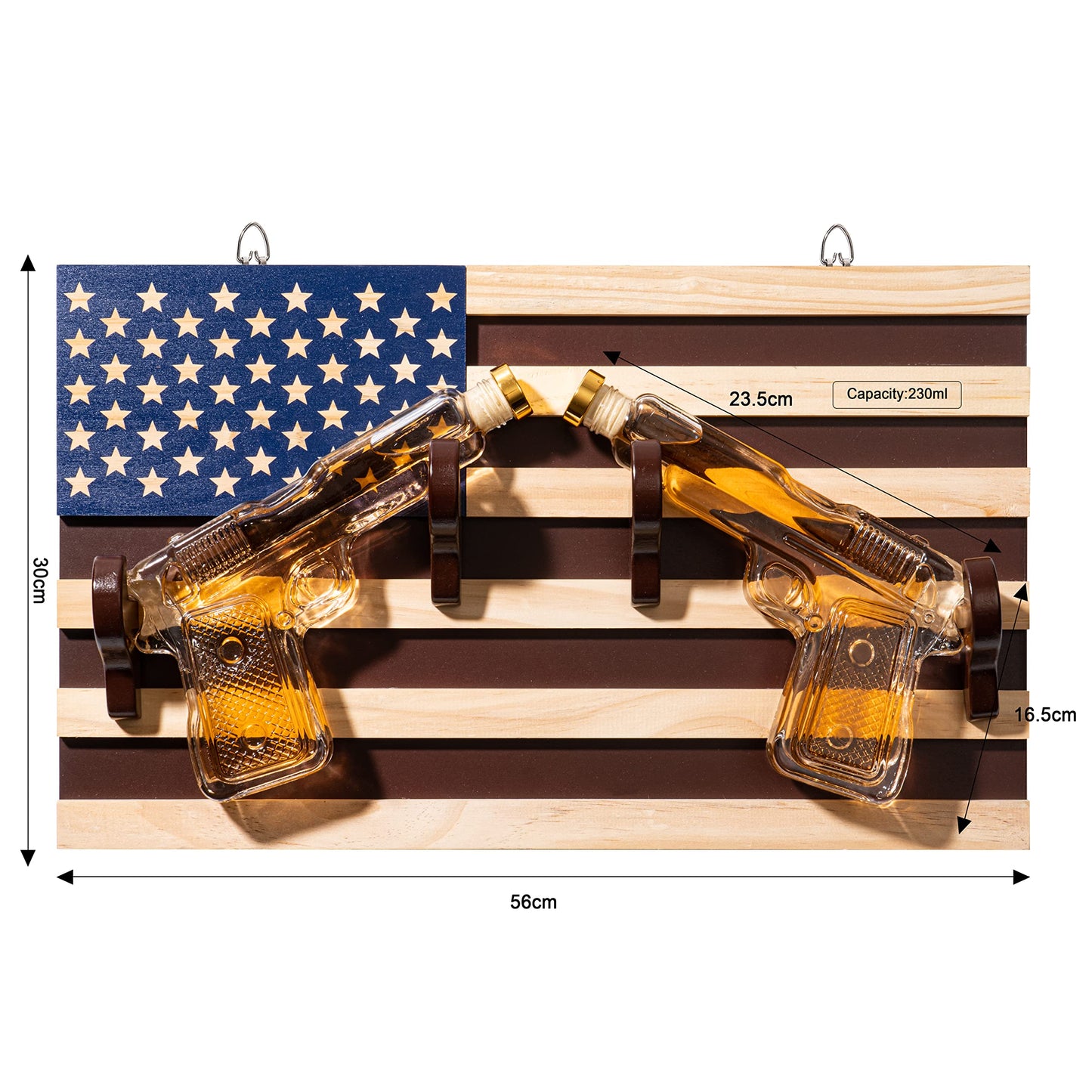 Pistol Whiskey Decanter Set of 2 300ml On American Flag Wall Rack by The Wine Savant - Tik Tok Gun Decanter, Veteran & Military Gifts, Home Bar & Law Enforcement Gifts