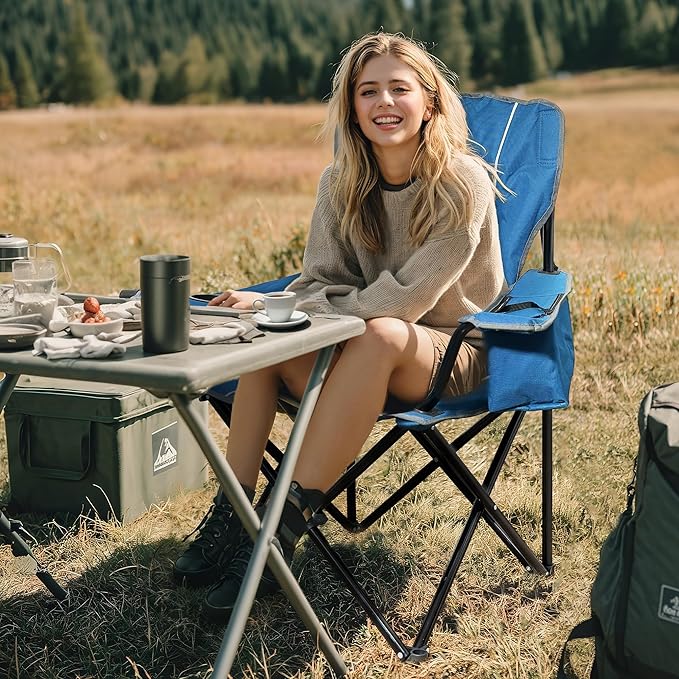 Matrasco Oversized Padded Camping Chair, Heavy-Duty Steel Frame for 450 lbs Supports, Convenient 6-Can Cooler, Portable Carry Bag, Perfect for Outdoor, Beach, and Hiking (Blue & Gray)