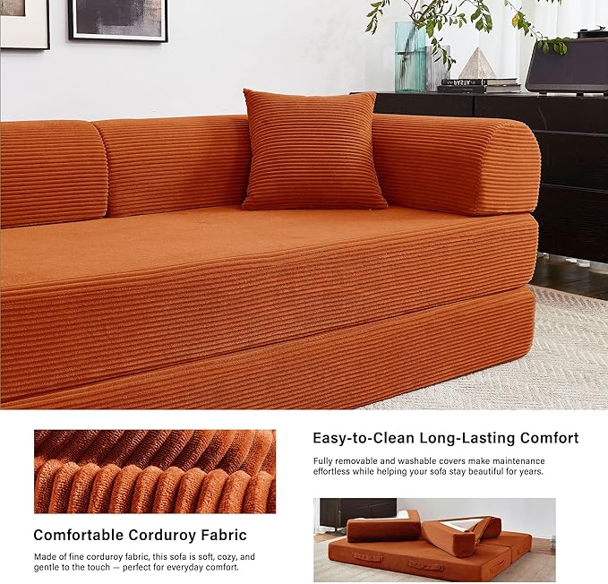 79" 5-in-1 Folding Convertible Sofa Bed, Oversized Corduroy Futon Floor Couch with Pull-Out Sleeper, Modular Boneless Loveseat for Small Spaces, Living Room, Bedroom (Orange)