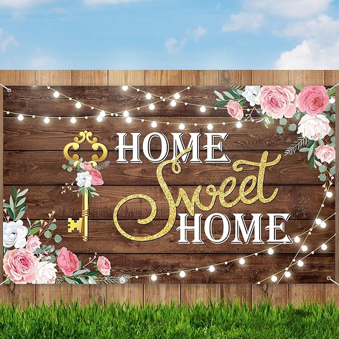 House Warming Party Decoration Home Sweet Home Banner Backdrop Photography Key Shining Lights Background Pink Floral Woode...