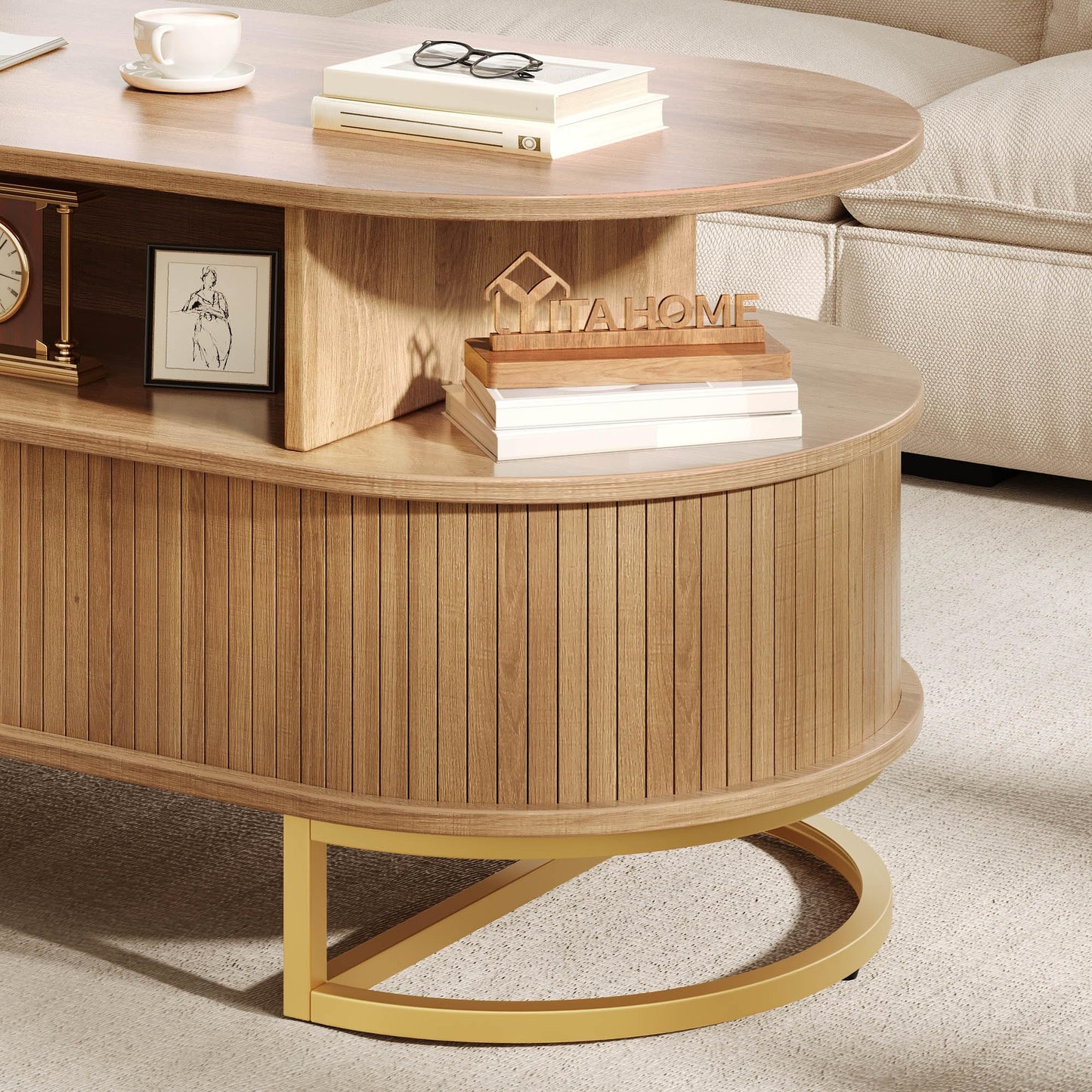 YITAHOME Coffee Table, Coffee Tables for Living Room with Sliding Doors & Large Storage, Modern Wooden Coffee Table with Gold Handles, Metal Base for Living Room, Natural Oak