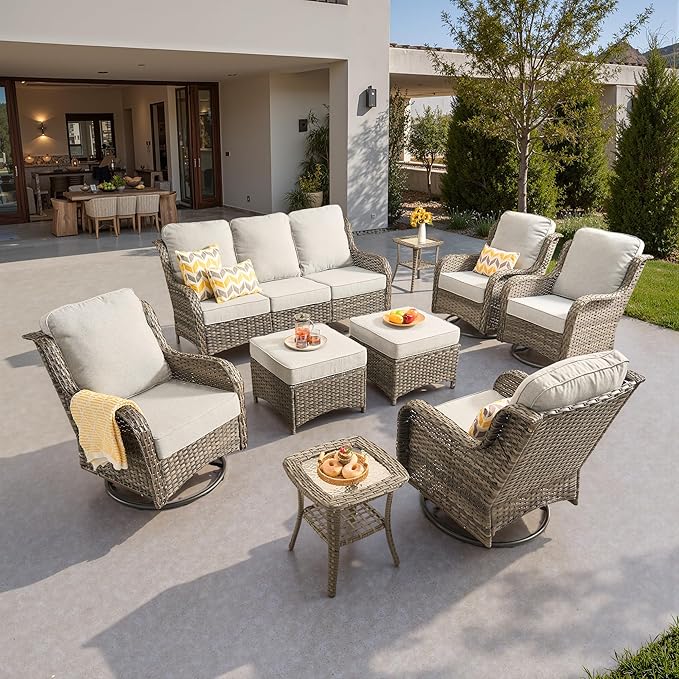 ovios 9 Pieces Patio Furniture Set, Outdoor Wicker Sofa Couch with Swivel Chairs Ottomans Comfy Cushions, High Back Modern All Weather Conversation Sets, Grey Rattan, Grey