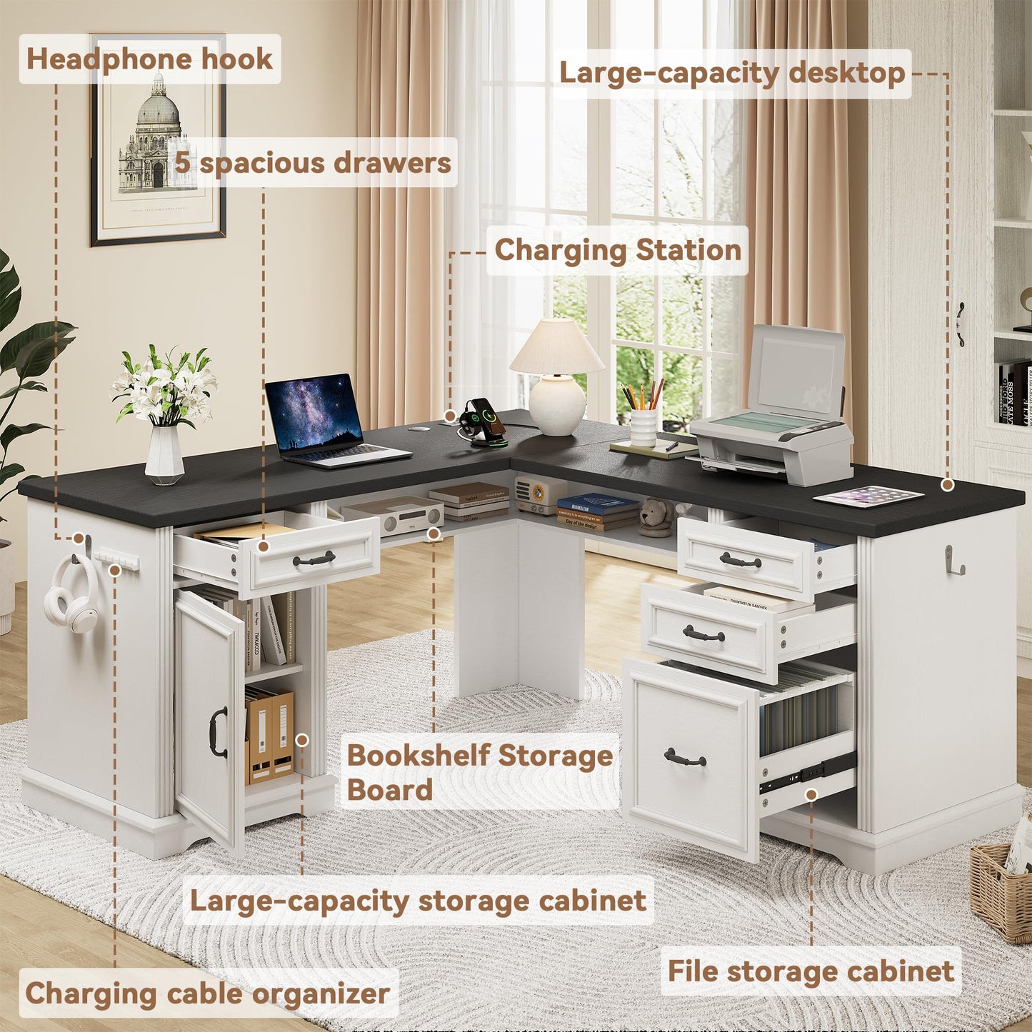 Farmhouse L Shaped Executive Desk with 4 Drawers, Home Office Desk with Hidden Under-Desk Storage Shelf and Charging Station, File Cabinet Storage, Wood Corner Computer Desk for Work and Study, White