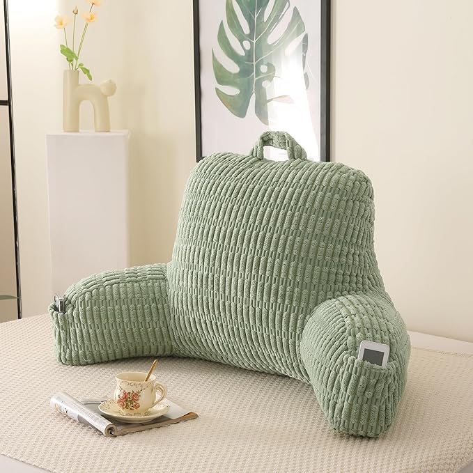 PAJEO Reading Pillow for Sitting in Bed, Large Backrest Reading Pillow with Arm Rest,Back-Rest Support Cushion for Sit Up on Couch, Sofa, and Floor, Dorm Essentials (Green Corduroy, Large(19"))