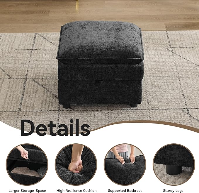 27" Cloud Sectional Modular Couch Ottoman with Storage, Upholstered Footrest with Anti-Slip Legs Large, Chenille Square Ottoman for Living Room, Bedroom, Entryway, Black