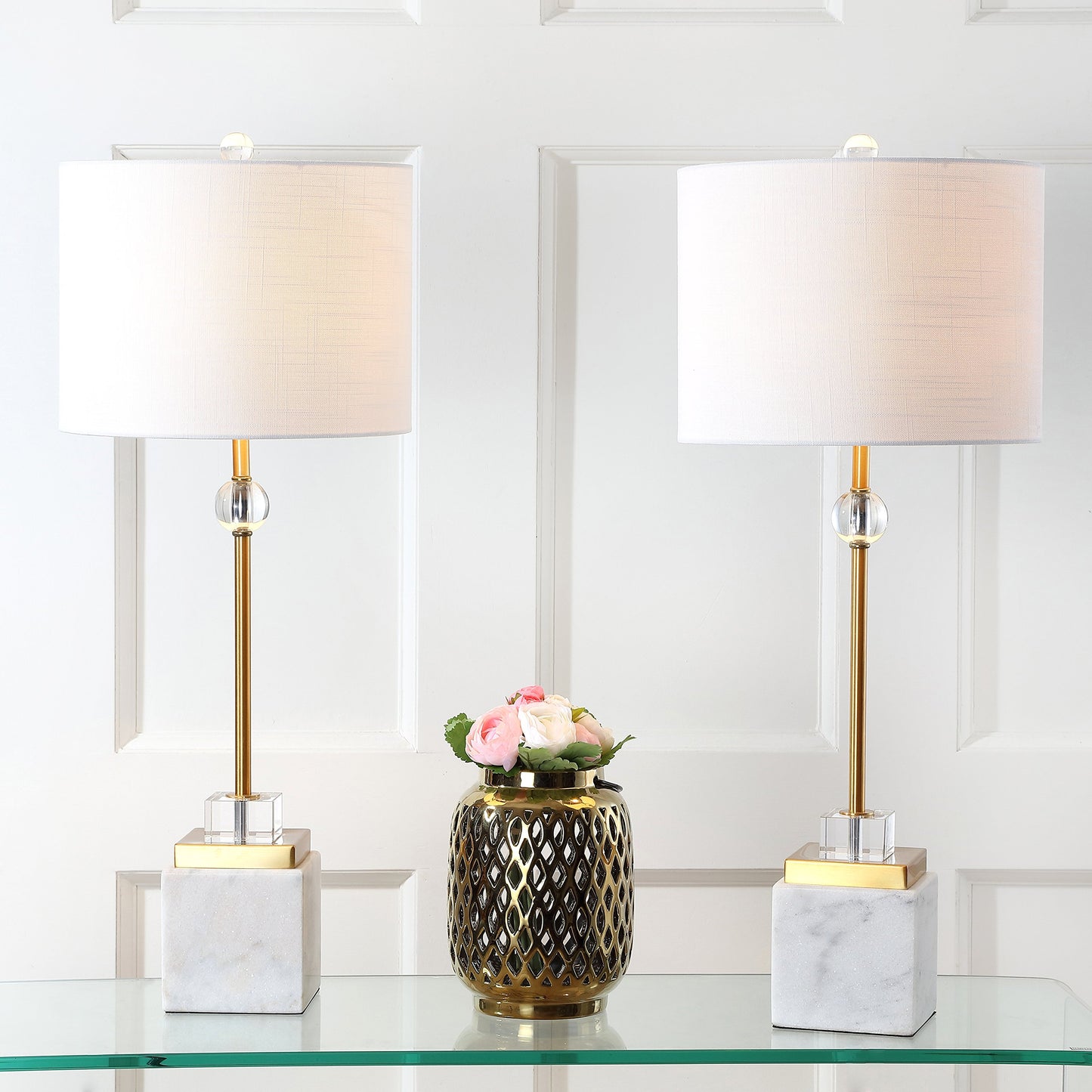 JONATHAN Y 30" White Marble and Brass Gold LED Table Lamp Set of 2, Modern Glam Crystal Pedestal Lamps for Living Room Bedroom, White Linen Shade, LED Bulbs Included JYL5008A-SET2