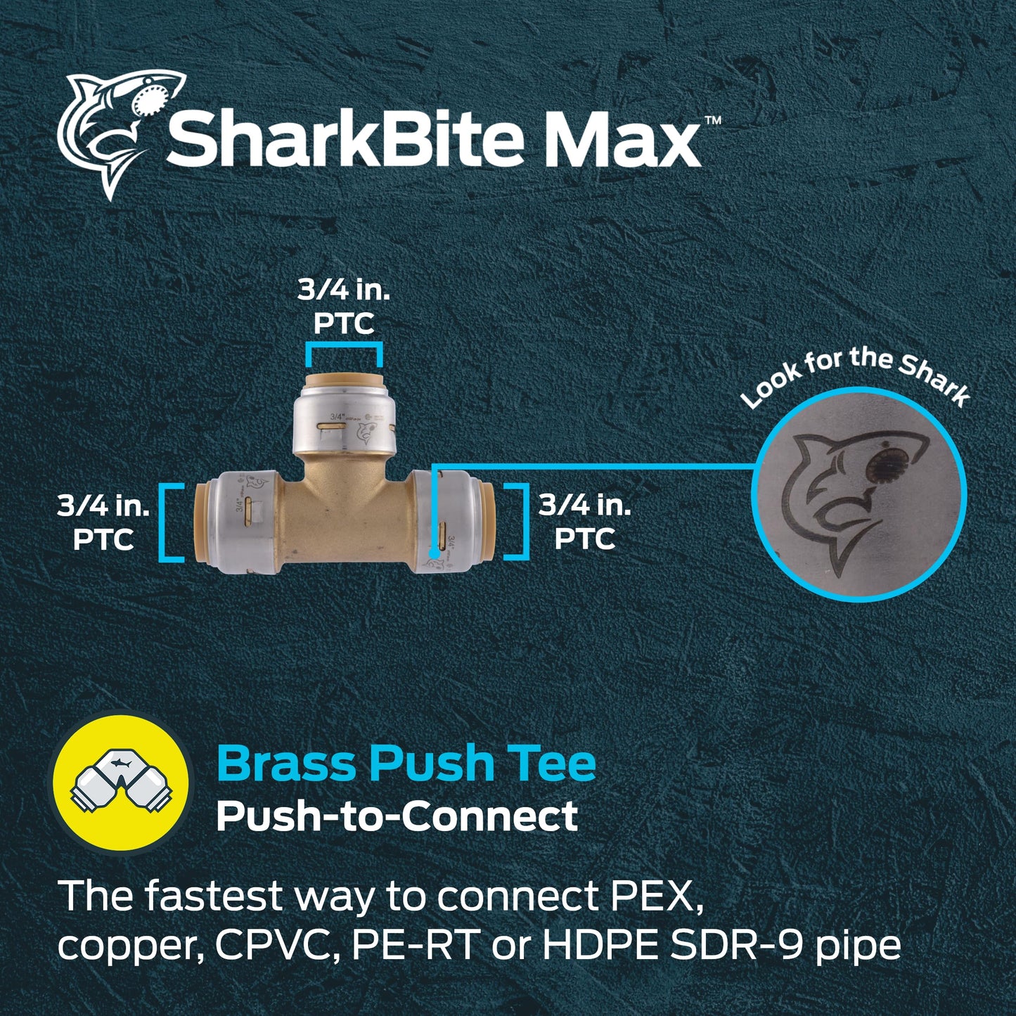 SharkBite Max 3/4 Inch Tee, Push to Connect Brass Plumbing Fitting, PEX Pipe, Copper, CPVC, PE-RT, HDPE, UR370A