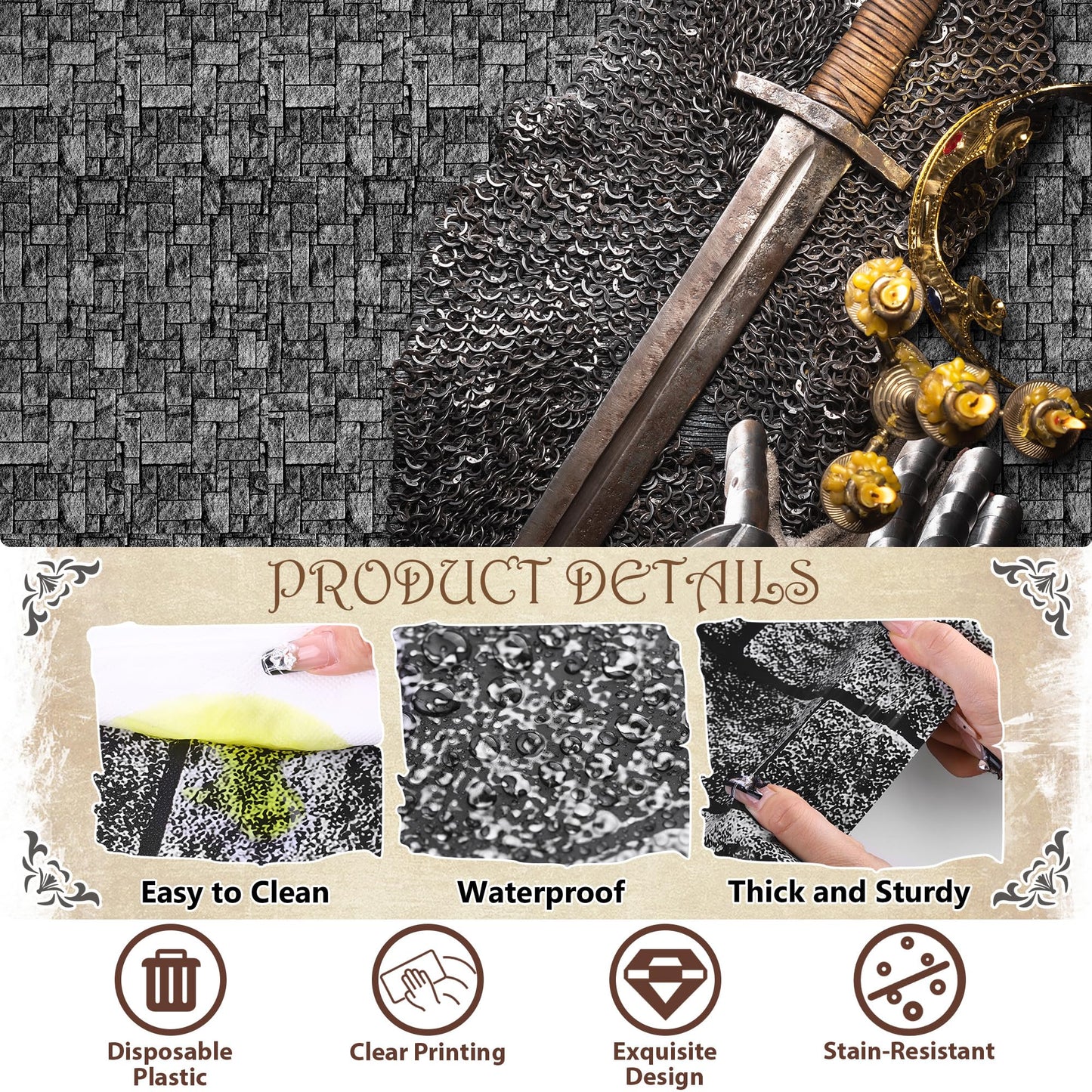 Kochorie 100 Ft x 54 Inch Stone Wall Tablecloth Roll with Cutter Box Disposable Plastic Table Cover Medieval Brick Dirt Floor Wall Backdrops for Farm Wedding Birthday Party