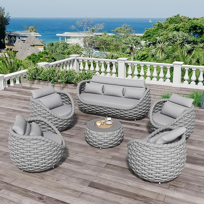 Erotr Aluminum Rope Patio Furniture Set: 6 Pieces Assembled Outdoor Conversation Sofa Set for 7 - Modern Metal Couch Set Cushioned - All Weather Porch Seating for Deck Garden Pool Lanai Hotel, Gray