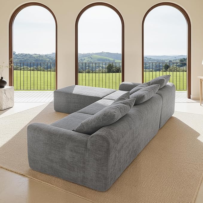 SEENYOO 111.2" Boneless Couch,Cloud Sectional Sofa with L-Shape Chaise,No Assembly,High-Density Memory Foam,Chenille Comfy Sofa for Living Room, Bedroon and Apartment (Grey)