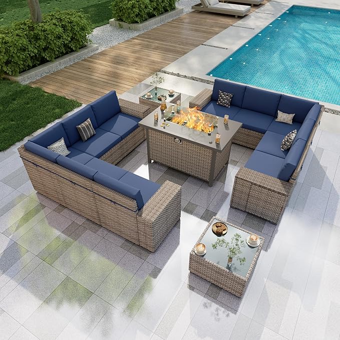 13 Pieces Patio Conversation Set, Rattan Furniture Set with Wide Armrests and Coffee Table, Outdoor Modular Sectional Couch Wicker Sofa with Fire Pit for Garden Backyard Porch Deck (Blue Cushions)