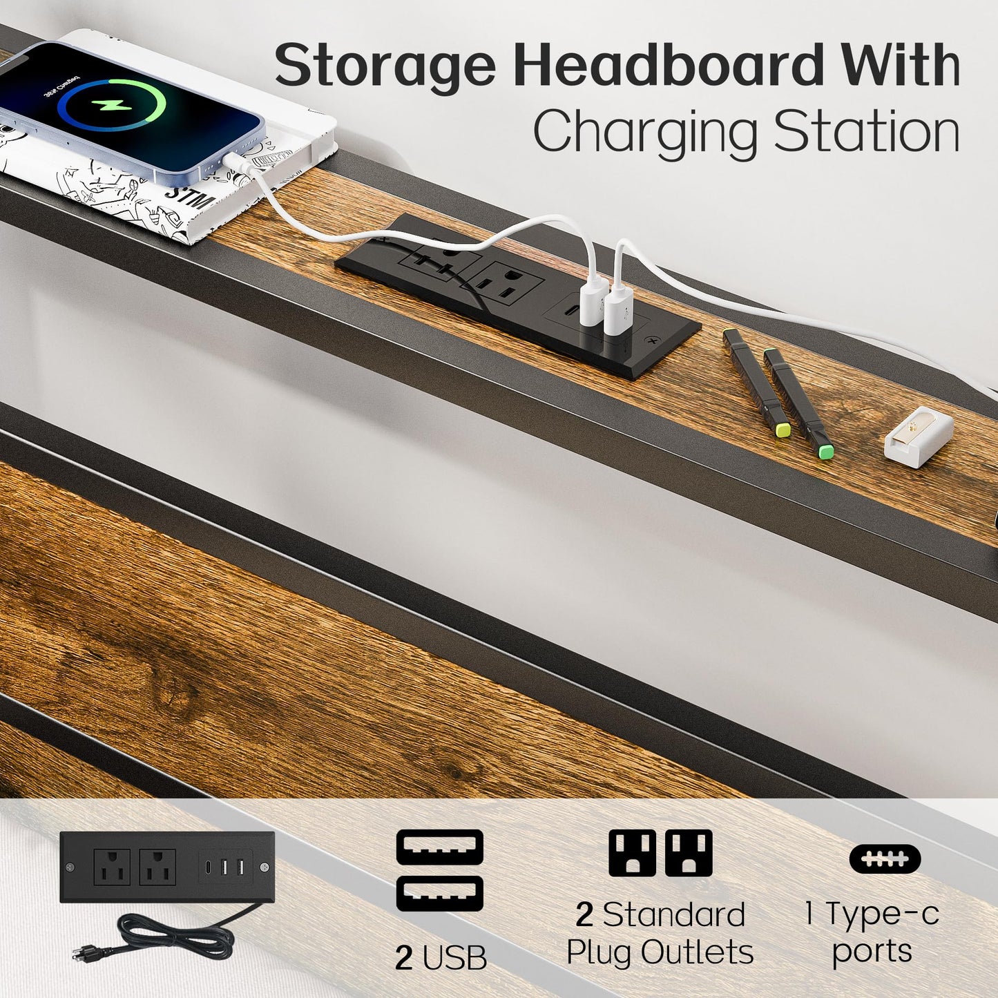 Liians Twin Bed Frame with Storage HeadboardUSB Charging Station, Smart LED Lights, Metal Platform Bed Easy Assembly, No Box Spring Needed