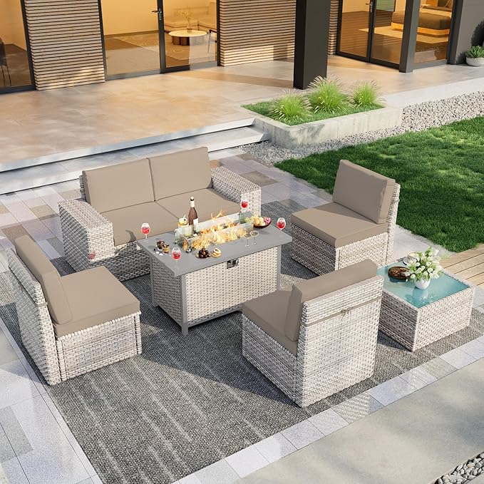 PCSXDSW 7 Pieces Patio Furniture Set, Outdoor Modular Sectional Couch Conversation Set with Wide Armrests, Wicker Seating Group Sofa with Coffee Table and Fire Pit for Backyard Deck (Khaki Cushions)