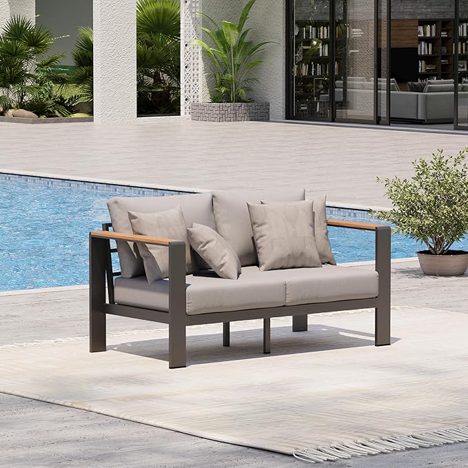 Oasbira Aluminum Outdoor Patio Furniture Loveseat, All-Weather Outdoor Patio Sofa with Washable Thick Cushion, Patio Sofa Couch for Porch, Balcony, Deck, Yard, Gray