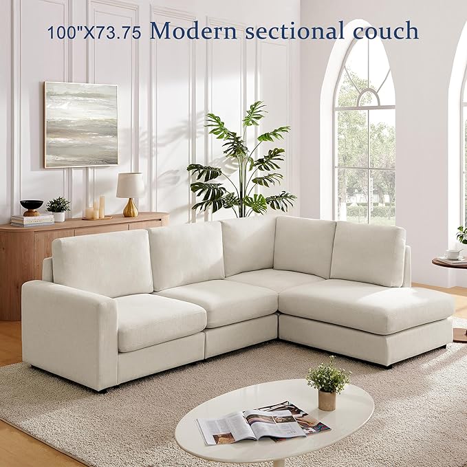 Mofolit 100“ L Shaped Couch with Reversible Chaise Sectional couches Sofa Corner Couches for Living Room,Apartment and Compact Spaces(Cream)