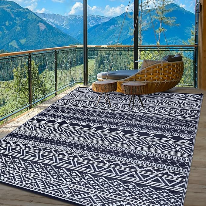 GarveeLife Outdoor Plastic Straw Rug 9x12 Waterproof UV Resistant Foldable Patio Rug Modern Geometric Lightweight Floor Ma...