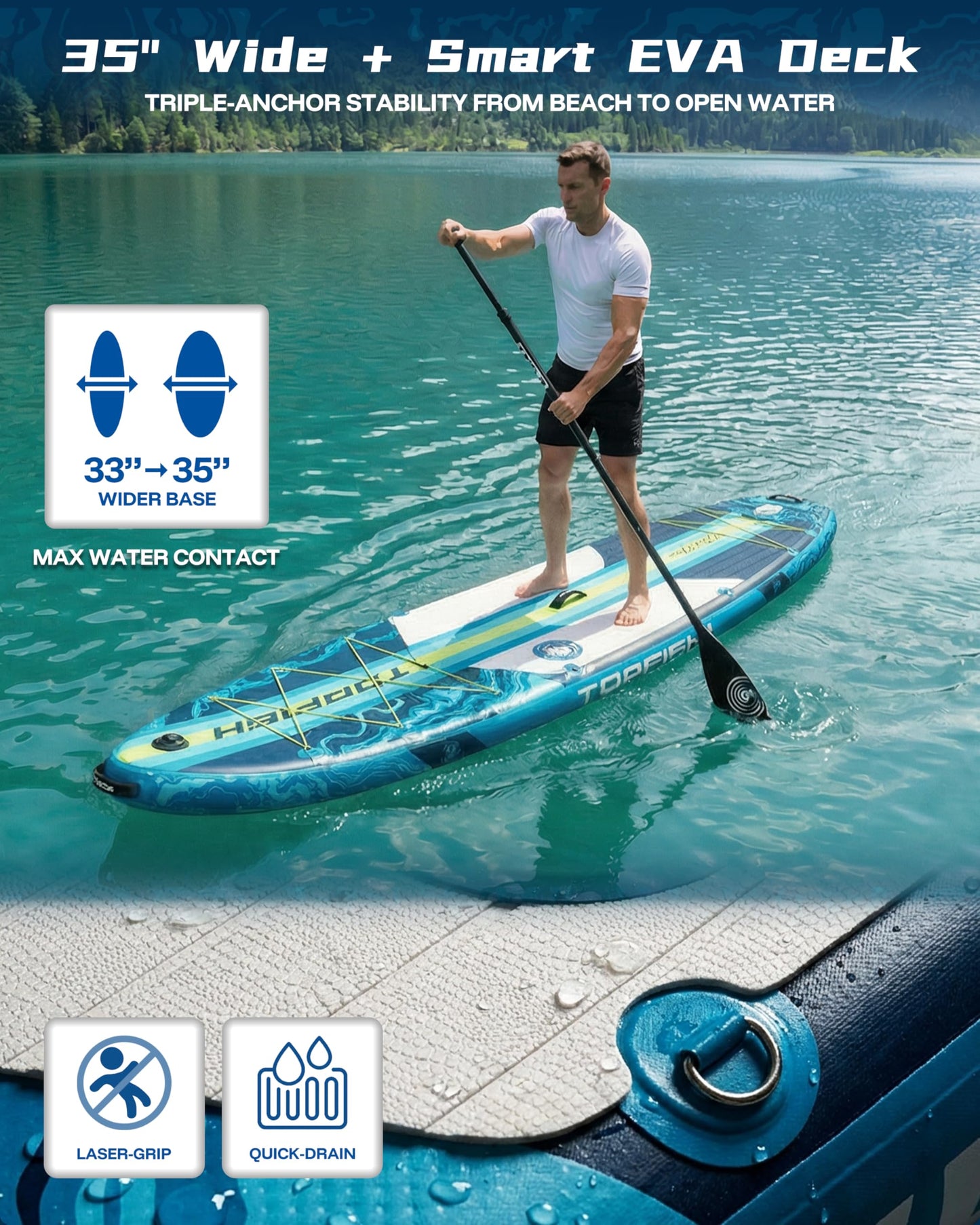 Topfish 11'6x35'' Extra Wide Inflatable Paddle Boards, Ultra-Stable High Capacity SUP of 450lb/3People, Stand Up Paddle Board for Adults w/Camera Mount, 9Accessories Kit, Shoulder Strap, 100L Backpack