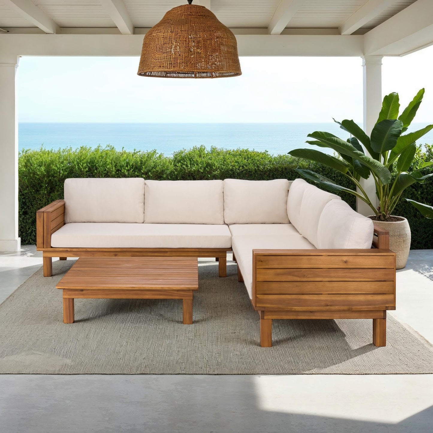 SAFAVIEH Outdoor Patio Furniture Collection - Napoli Teak Brown & Cream Solid Wood 4-Piece Sectional Sofa Set with Coffee Table, Durable Cushions, Modern Outdoor Seating (PAT6806A)
