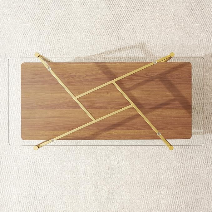 Pine Flicker Rectangle Coffee Table, Mid-Century Modern Design, L41*W21*H17 inch, for Living Room, Clear Glass Top and Walnut Finish Wood Shelf, Conical Metal Legs with Gold Finish