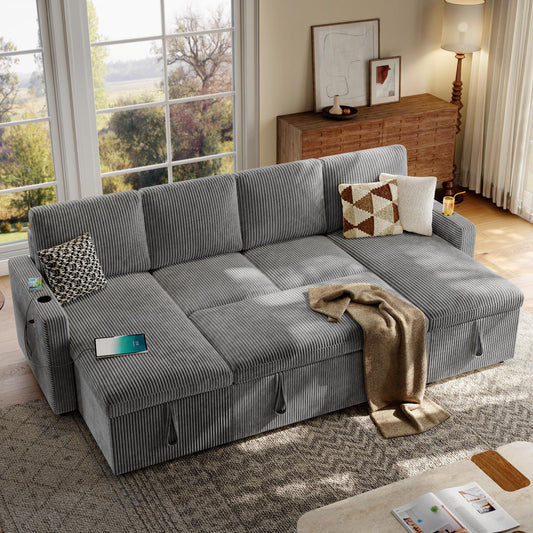 ONBRILL Sleeper Sofa with Pull Out Couch Bed,U Shaped Convertible Modular Sectional Couch with Double Storage Chaise,Couches for Living Room,Corduroy,Grey