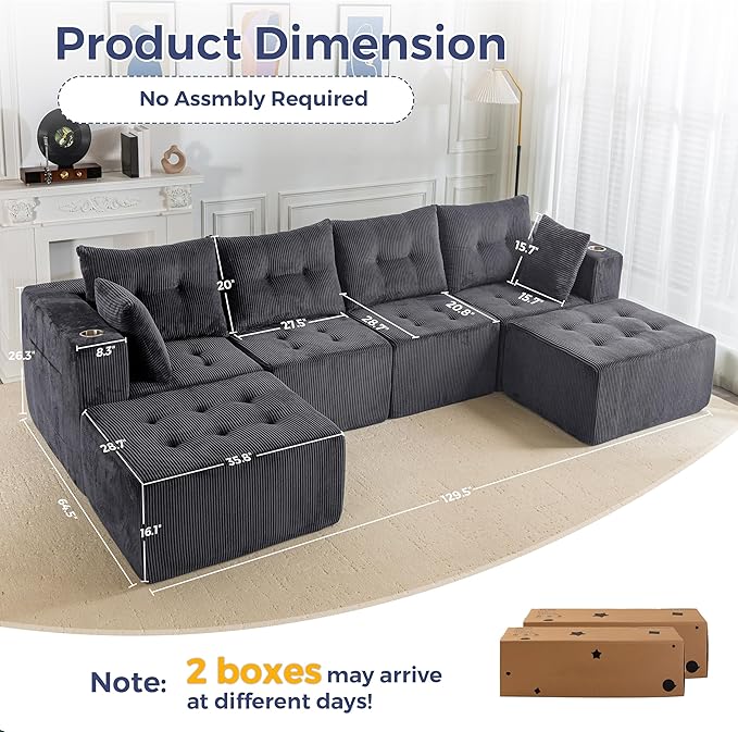 MAXYOYO 129.5" Modular Sectional Sofa Couch, U Shaped Modern Cloud Couch with 2 Ottomans, Sofa in A Box, Tufted 6-Seat Boneless Sleeper Chair for Living Room, No Assembly Required, Grey