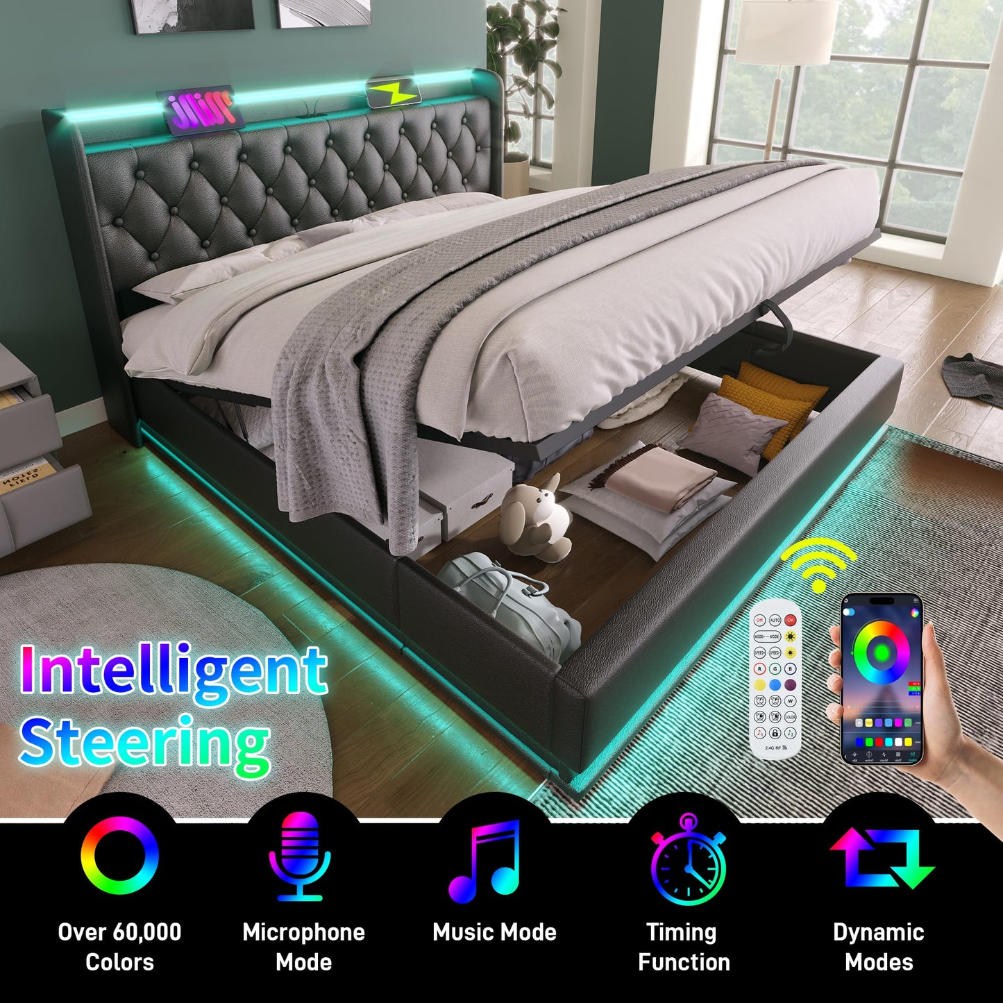 Queen Lift Up Bed with Charging Station & LED Lights, Upholstered Bed Frame with Modern Wingback Storage Headboard, Hydraulic Storage, Wood Slats Support, No Box Spring Needed, Easy Assembly, Black