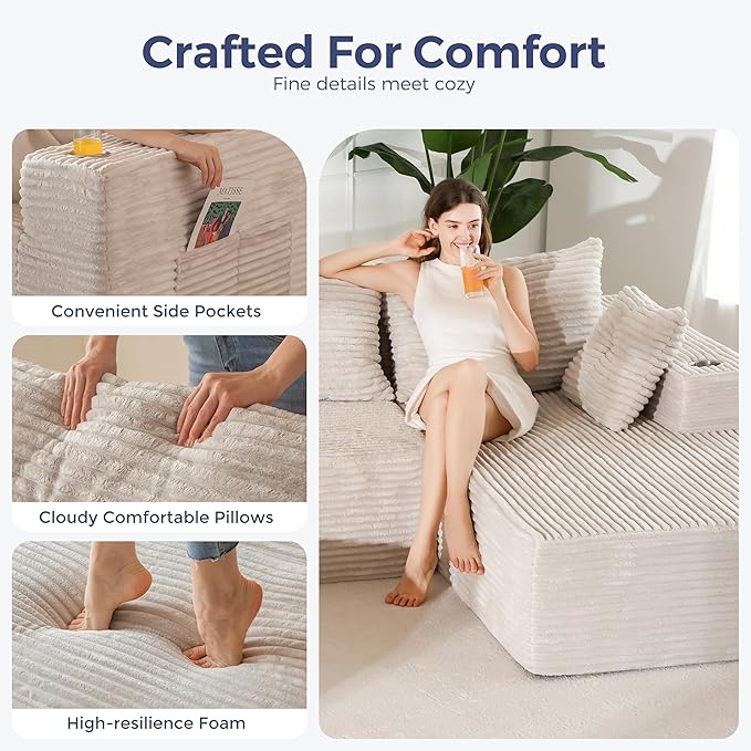 MAXYOYO 132" Giant U-Shaped Modular Sectional Couch, Modern Boneless Couch for Living Room, Sofa in A Box, Oversized Sofa Sleeper with Deep Seat, No Assembly Required, Grayish Beige