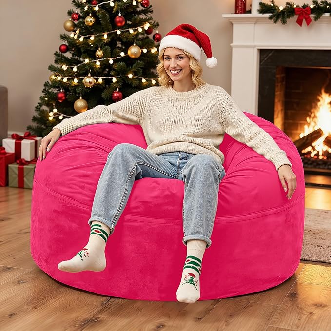 HABUTWAY Bean Bag Chair 3Ft Luxurious Velvet Ultra Soft Fur with High Rebound Memory Foam Bean Bag Chairs for Adults Plush Lazy Sofa with Fluffy Removable Sponge 3' (Hot Pink)
