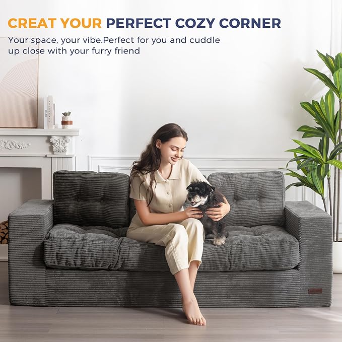 MAXYOYO 3 Seater Couch for Living Room, Boneless Couch with Tufted Cushion & Backrest, Upholstered Floor Sofa, Sofa in A Box, Dark Grey