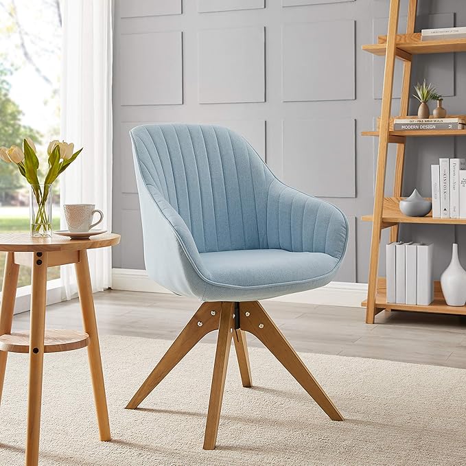 Art Leon Mid Century Modern Desk Chair No Wheels, Swivel Accent Chair with Solid Wood Legs, Office Chair Without Wheels, Upholstered Arm Chair for Small Spaces Living Room Bedroom, Candy Blue