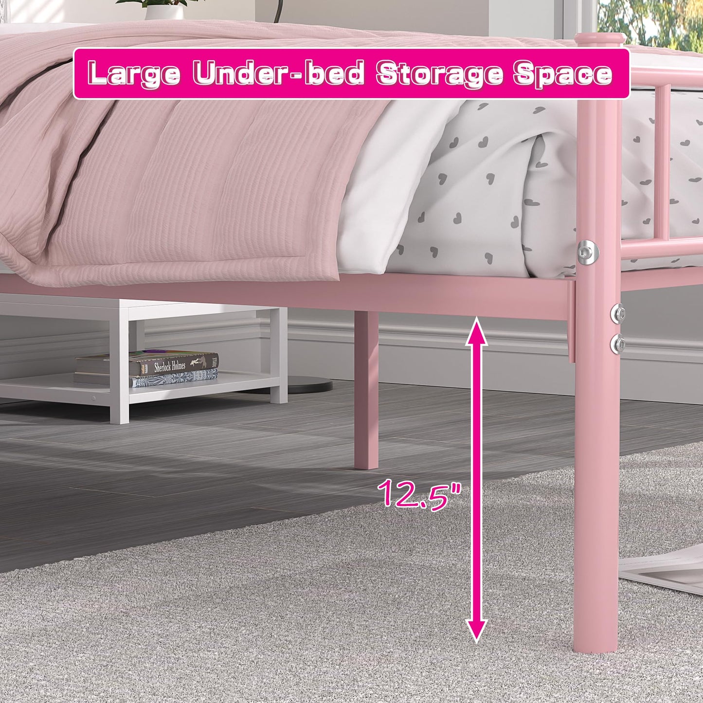 VECELO 14 Inch Twin Size Metal Platform Bed Frame with Headboard and Footboard, Heavy Duty Mattress Foundation with Steel Slats Support, No Box Spring Needed, Pink