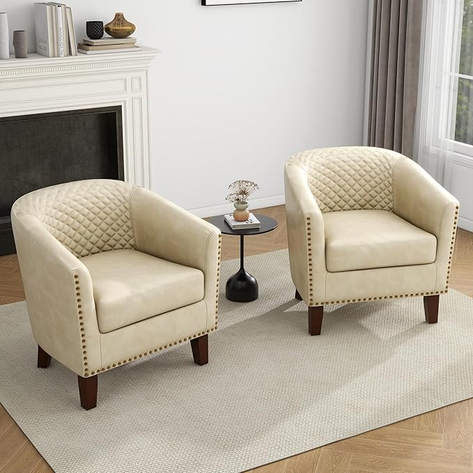 UIXE Faux Leather Barrel Accent Chairs Set of 4, Modern Club Upholstered Arm Chair, Comfy Armchair Nailed Trim Living Room Single Sofa Reading Seat Bedroom Side Sitting for Office, Beige