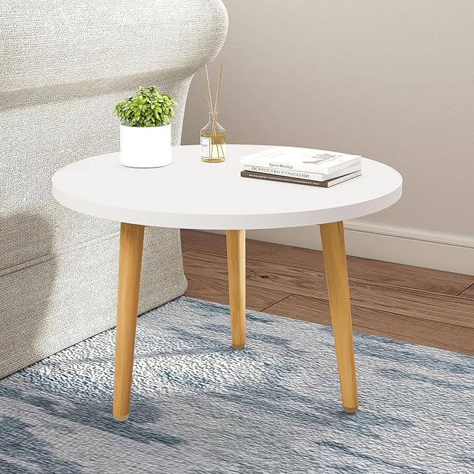 Funecy Round Coffee Table Low Table with 3 Solid Wood Sturdy Legs, Floor Table Desk for Sitting on The Floor, Storage and Living Room Furniture (White)