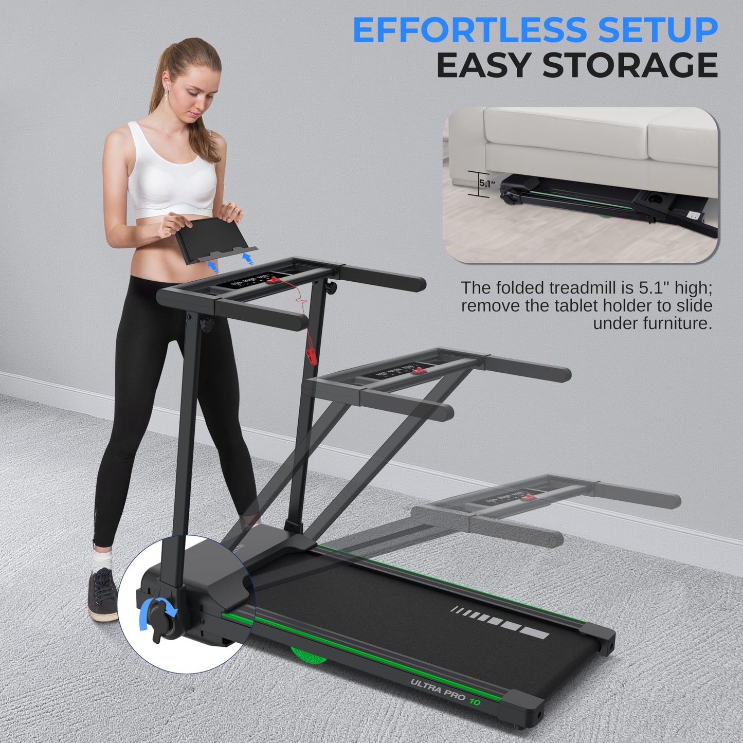 SereneLife Foldable Treadmill 2.5HP | Folding Running Machine with 12 Preset Programs, LED Display, Tablet Holder, Shock Absorption, & 0.6-7.5 MPH Speed | Supports 265 lbs | Indoor Home Gym