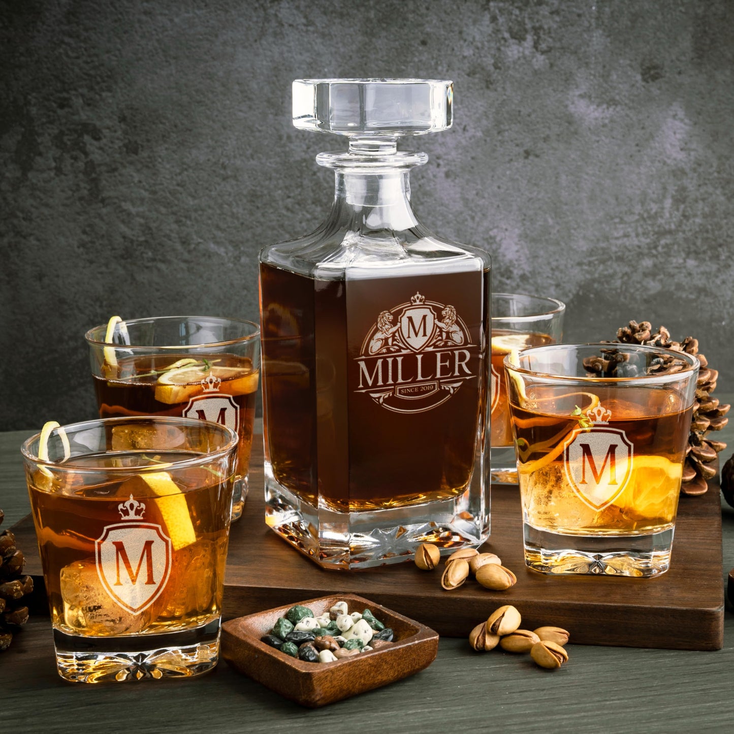Personalized 5 pc Whiskey Decanter Set - 9 Design Options - Limited Edition, Custom Liquor Decanter | 25 Oz, 750ml Liquor Decanter w/ 4pcs Whiskey Glass Set #1