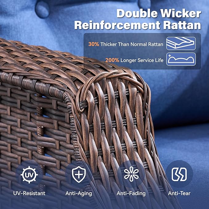 Belord 4“ Thick Cushion Outdoor Swivel Rocker Patio Chairs Set of 2, Wicker 3 Piece Patio Furniture Set with Side Table and Comfort High Back Outdoor Patio Glider Chair - Brown Wicker/Blue Cushion