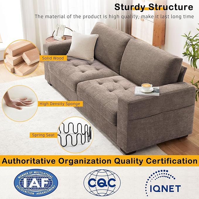 Hanherry Sofa for Living Room, Modern Comfy Sofa with Medium Firm Seat Cushion, Removable Cover,Wide Armrest,USB/Type-C Port,Chenille Fabric Couches for Small Space,Apartment (Brown, 89 inch)