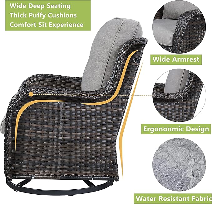 Rilyson Wicker Rocking Chair Swivel Chairs - 2 Piece Rocker Patio Chairs Set Rattan Rocking Chair for Outdoor Porch Deck Garden Backyard (Brown/Grey)