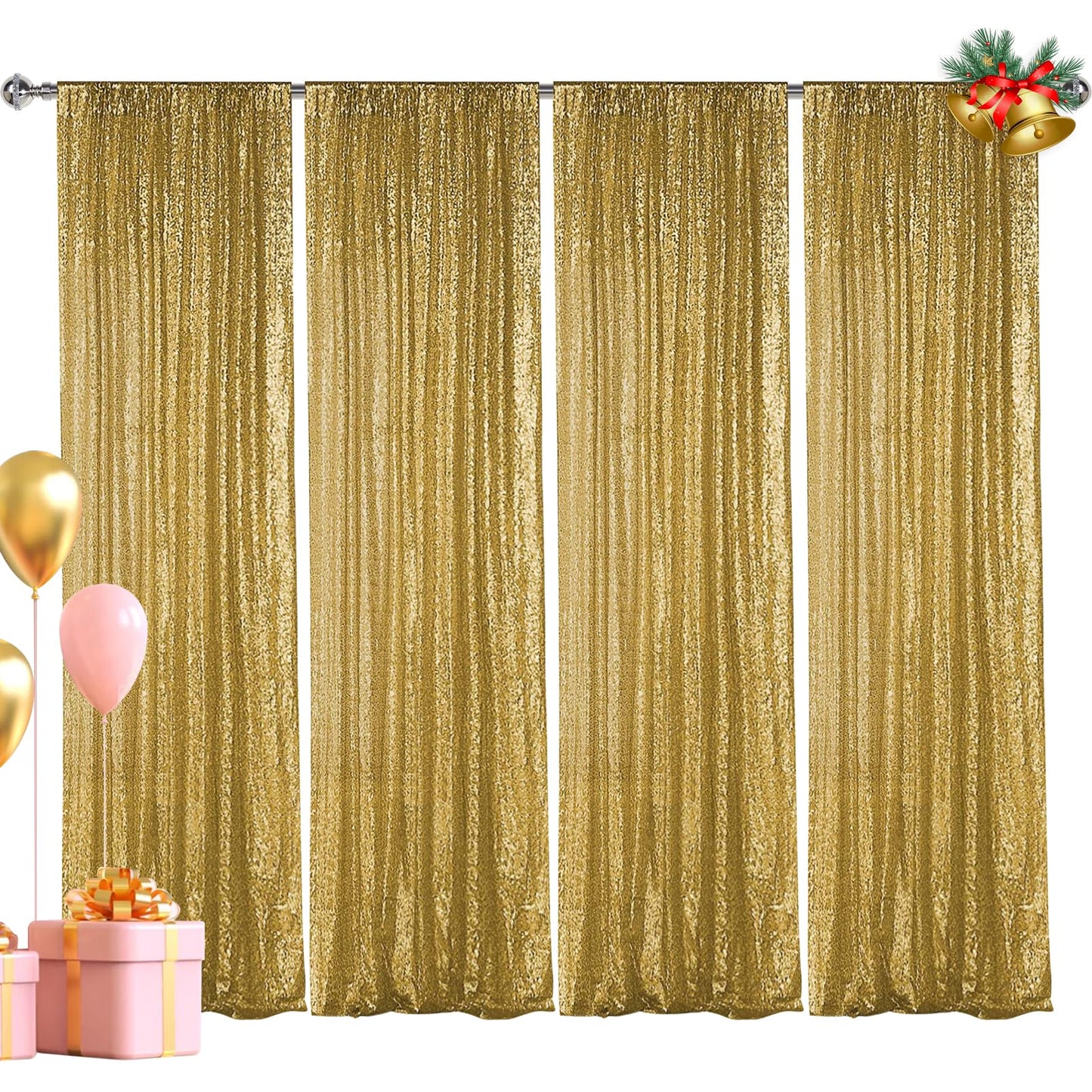 Hahuho Gold Sequin Backdrop Curtain, 4PCS 2FTx8FT Glitter Backdrop Curtain for Parties, Christmas, Wedding, Party Decoration（4 Panels, 2FT x 8FT, Gold