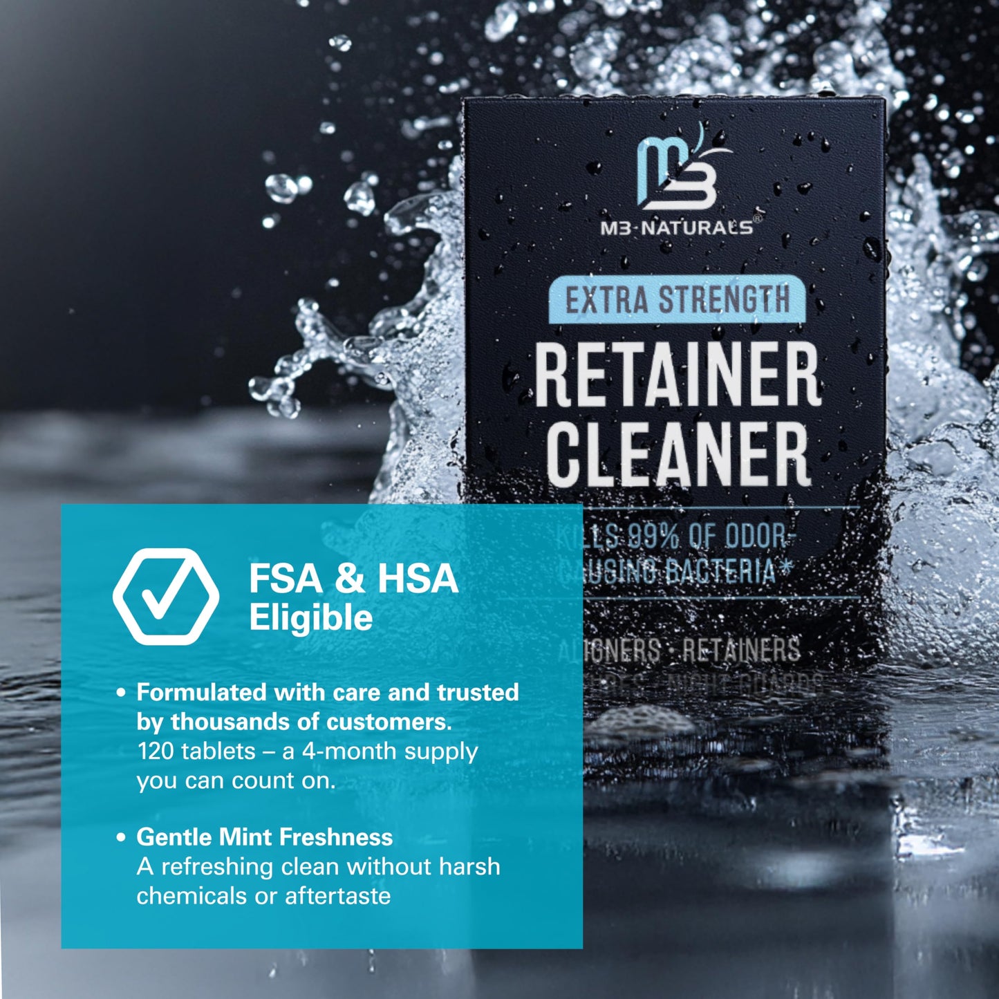 Retainer Cleanser Tablets Invisalign Cleaner, Removes Odors Discoloration Stains and Plaque 4 Month Supply Denture Cleansers Retainers Mouth Guards Denture Bath Mint by M3 Naturals