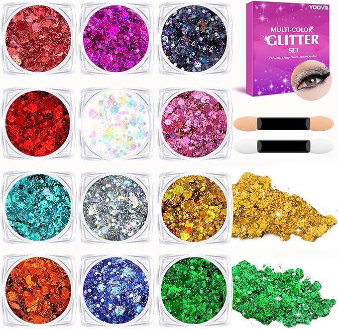 YOOVR Body Hair Face Glitter for Women Teen Girls, 12 Colors Face Painting Makeup Kit, Mardi Gras Valentines St Patricks D...