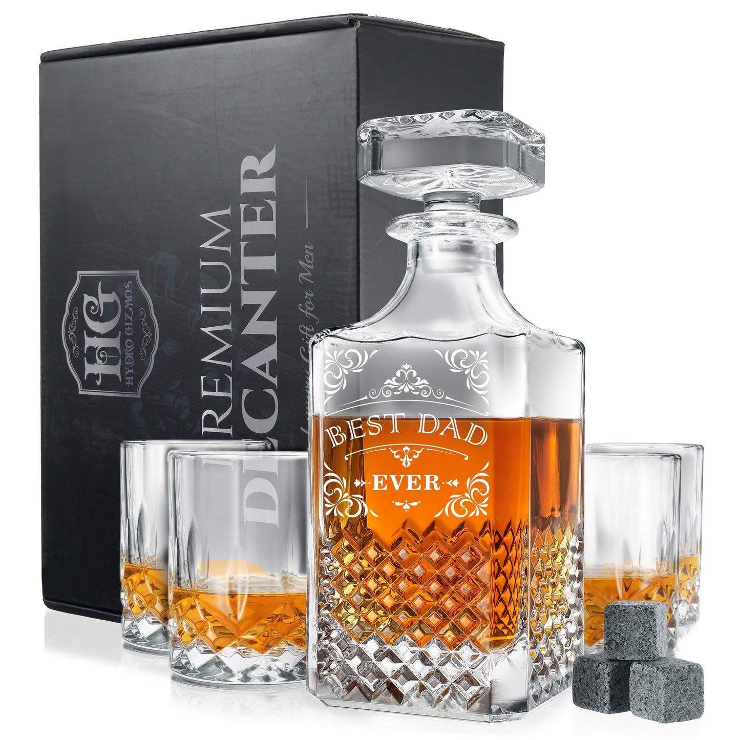 Luxury Gift For Men - Best Dad Ever - Unique Engraved Whiskey Decanter Set For Beloved Dad Christmas or Birthday Gift – 4 Whiskey Glasses And Decanter Set Is a Great Gift Idea for Whisky, Bourbon