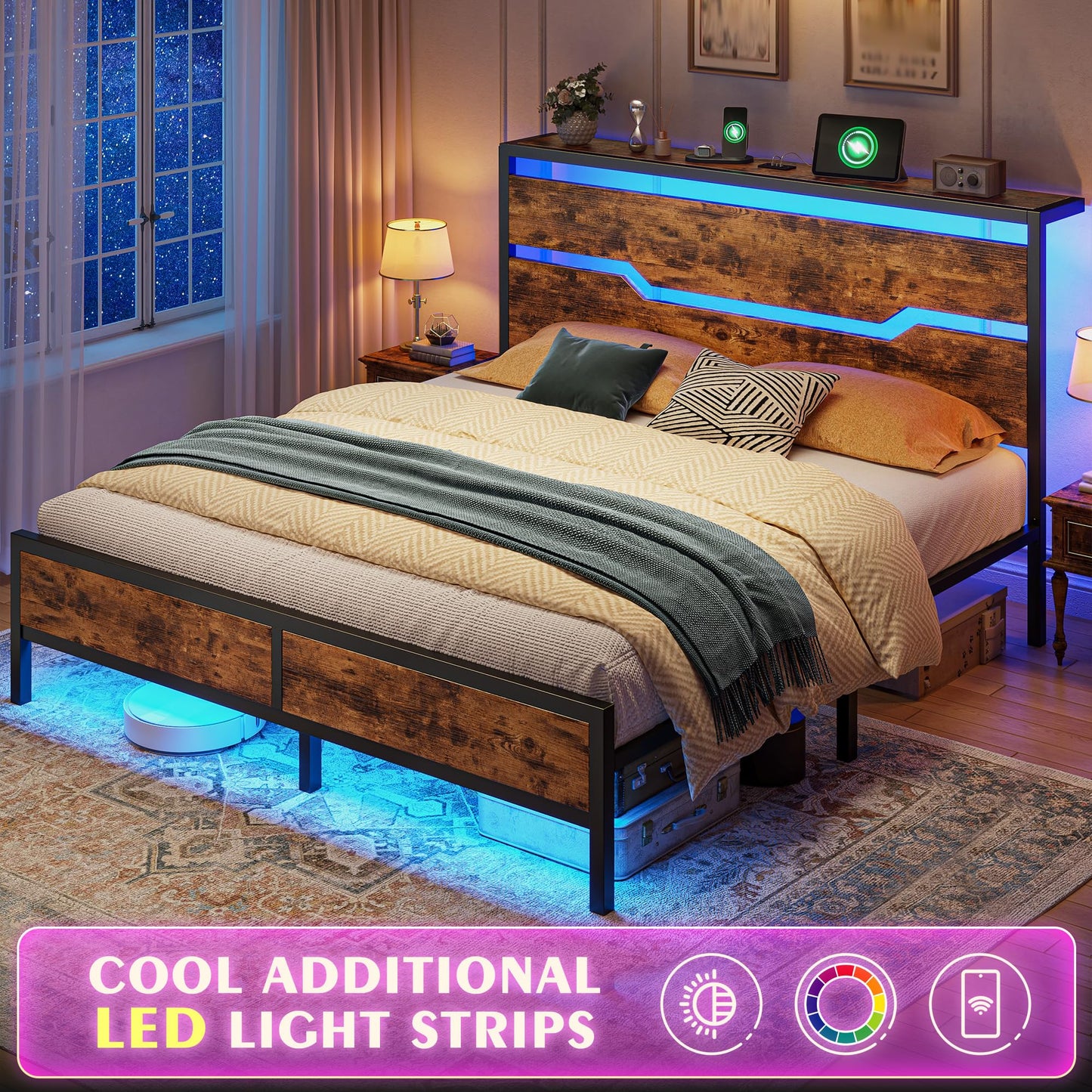 Homkdom Queen Bed Frame with Headboard,Queen Size Bed Frame with LED Lights & Charging Station & 13" Under Bed Storage, All-Metal Support System, No Box Spring Needed, Easy Assembly,Rustic Brown