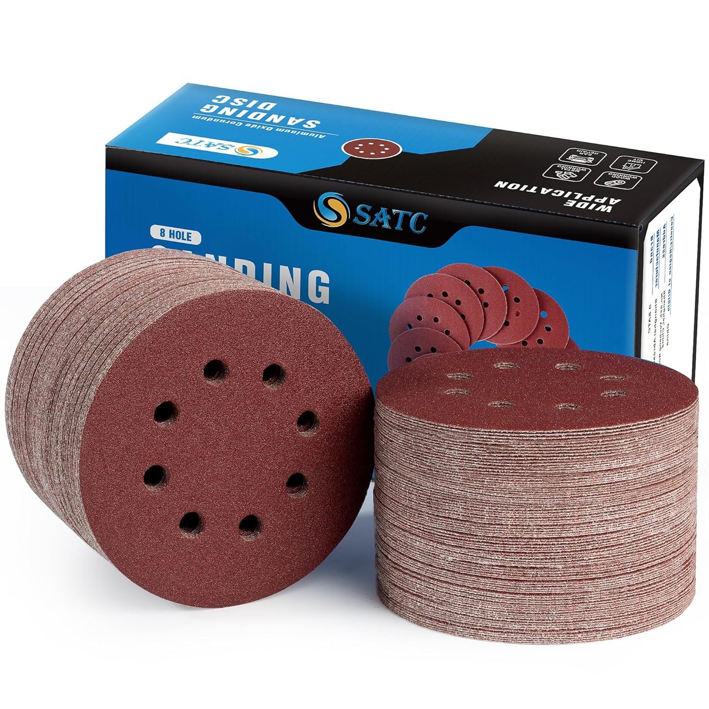 S SATC 150 PCS Sanding Discs 80 Grit Hook and Loop 5 Inch 8 Hole Adhesive Sandpaper for Woodworking and Automotive