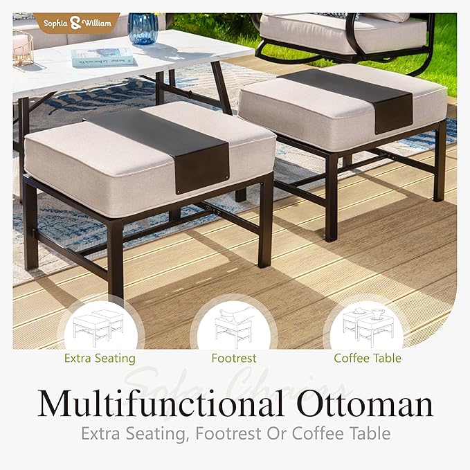 Sophia & William Patio Furniture Sets 5 Seats Outdoor Metal Conversation Sets 5 Pcs with 2 x Cushioned Swivel Sofa Chairs,1 x 3-Seat Sofa,2 x Ottomans for Coffee Lawn Backyard Poolside Beige