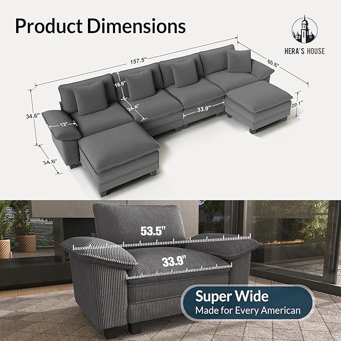 HERA'S HOUSE 158" Modular Sectional Sofa, Oversized U Shaped Couches for Living Room, Comfy Cloud Couch with Ottoman, 6-Seater Deep Seat Sofa with Throw Pillow, Corduroy Grey