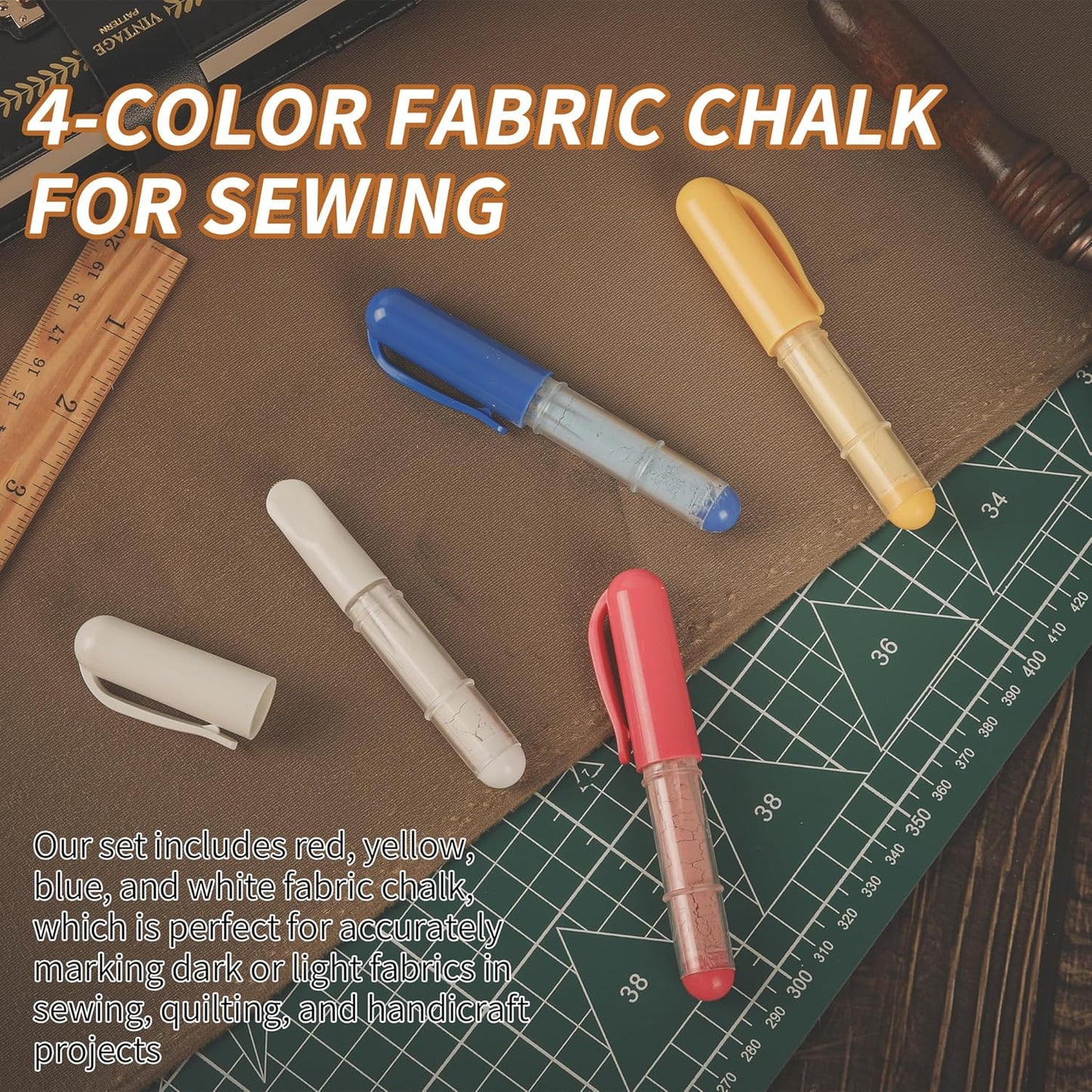 (2-pack) Fabric Chalk Markers -Erase Tailor’s Chalk for Quilting and Sewing - Compatible with Most Fabrics - With Dosing Wheel Technology, Red & White