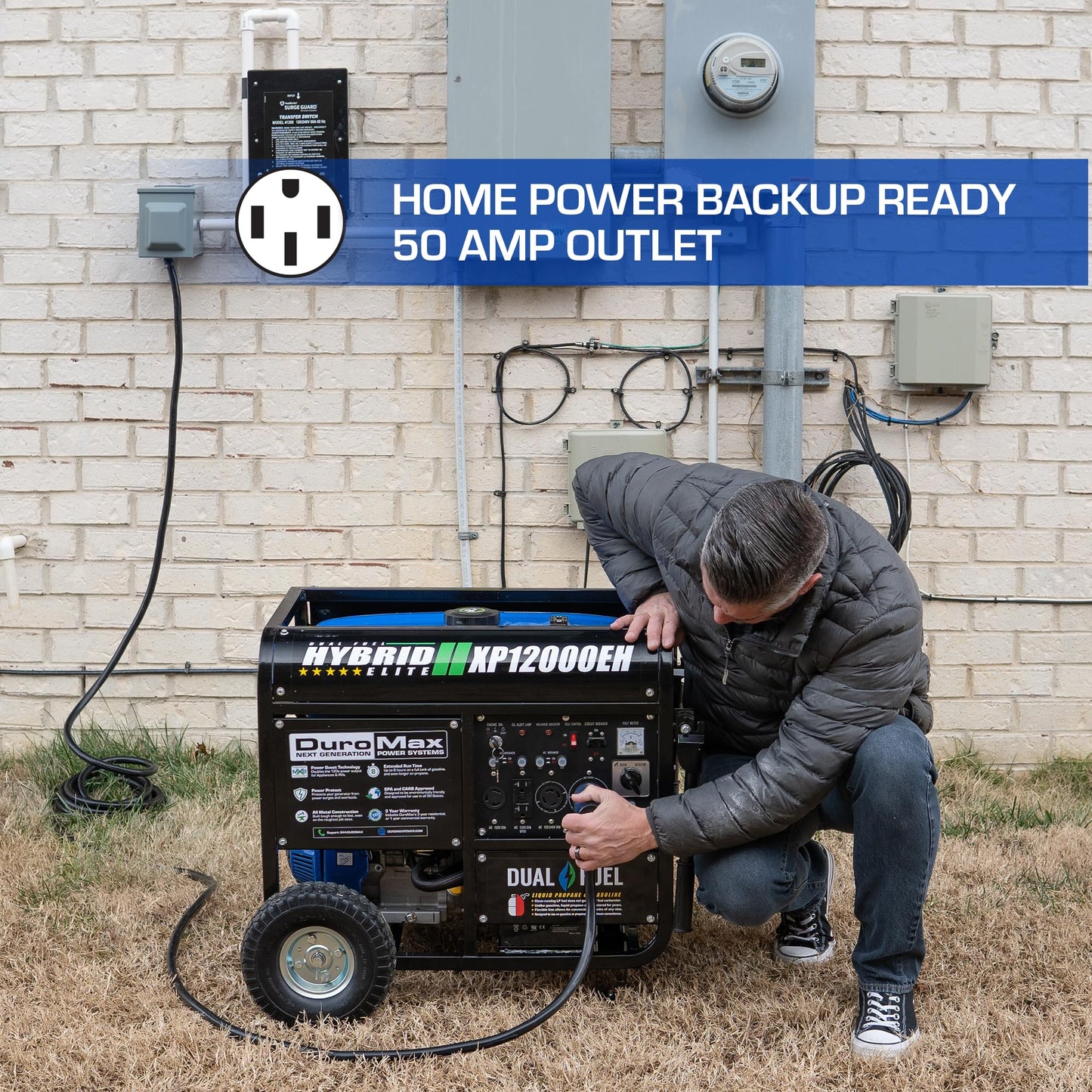 DuroMax XP12000EH 12,000-Watt Dual Fuel Portable Generator – Gas & Propane, Electric Start, Whole Home Backup Power, Transfer Switch Ready, RV & Emergency Ready